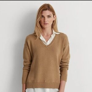RALPH LAUREN Layered Cotton V-Neck Sweater -Classic Camel Large